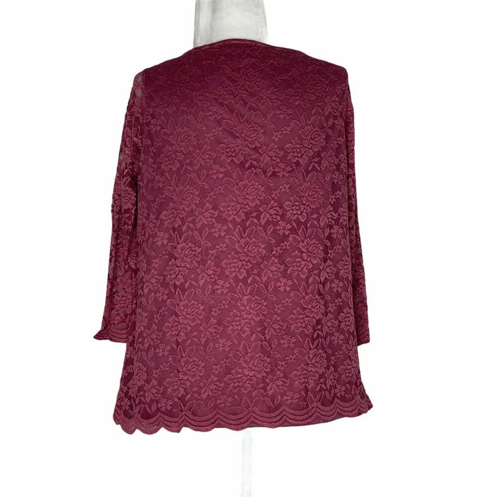 Roaman's Burgundy Lace Long Sleeved Scoop Neck Blouse Size 12 - Picture 5 of 8